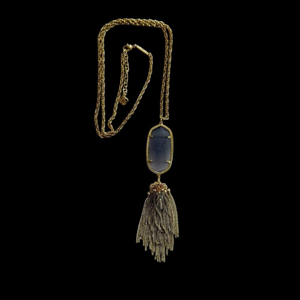 Kendra Scott Rayne Necklace 14k Gold Plated Brass Slate Cats Eye Pendant Tassel - Picture 9 of 13